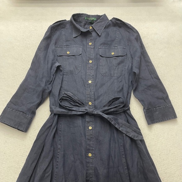 Lauren Ralph Lauren 100% Linen Dress Large Midi Shirt Luxury Preppy Old Money - Picture 2 of 9